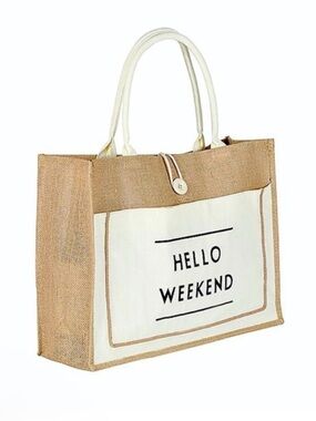 Hello Weekend Canvas & Jute Tote Bag in Natural/White